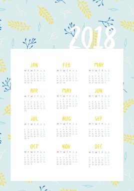 2018 yıl için aylık takvim