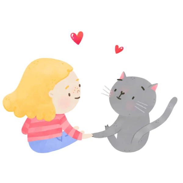 Çizgi film kız ve Gri kedi — Stok fotoğraf