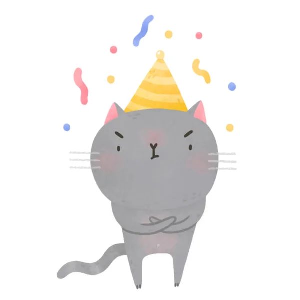 Ontevreden cartoon kat met confetti — Stockfoto