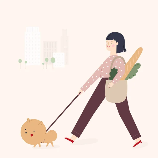 Chica caminando con perro en una ciudad — Archivo Imágenes Vectoriales