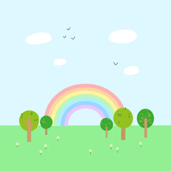 Landschap met regenboog, bomen, vogels en bloemen. — Stockvector