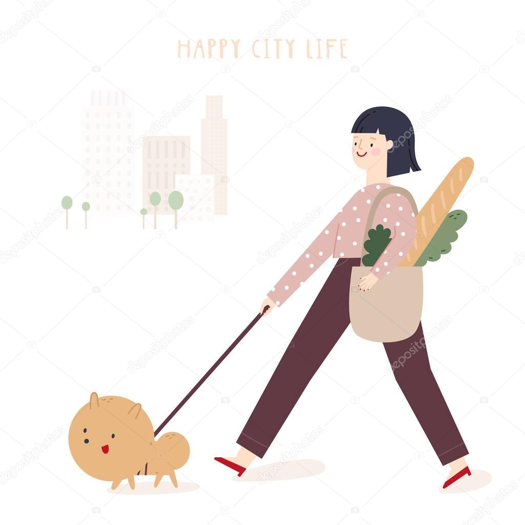 girl walking with dog in a city