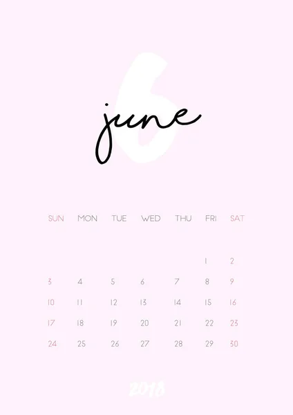 Kalender - juni 2018 — Stock vektor