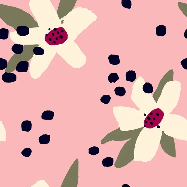 Patroon met hand getrokken bloemen en dots — Stockvector