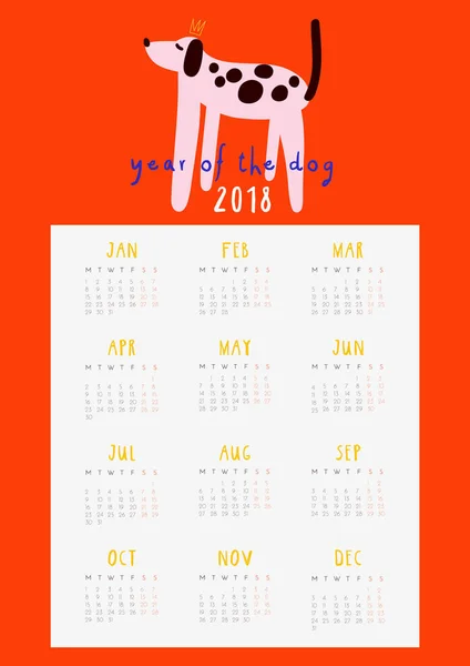 Super Süß Und Spaß Kalender Für 2018 Jahr Des Hundes — Stockvektor