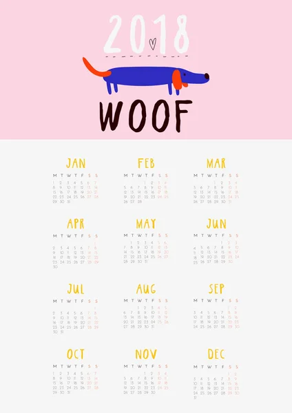 超级可爱和有趣的日历2018 狗年月历 打印日历设计 — 图库矢量图片