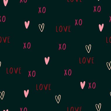 Güzel romantik doku kelimelerle aşk Xo ve kalpleri. Sevgililer günü için vektör seamless modeli.