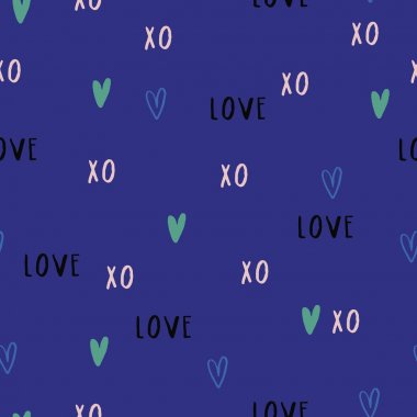 Güzel romantik doku kelimelerle aşk Xo ve kalpleri. Sevgililer günü için vektör seamless modeli.