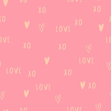 Güzel romantik doku kelimelerle aşk Xo ve kalpleri. Sevgililer günü için vektör seamless modeli.