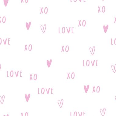 Güzel romantik doku kelimelerle aşk Xo ve kalpleri. Sevgililer günü için vektör seamless modeli.