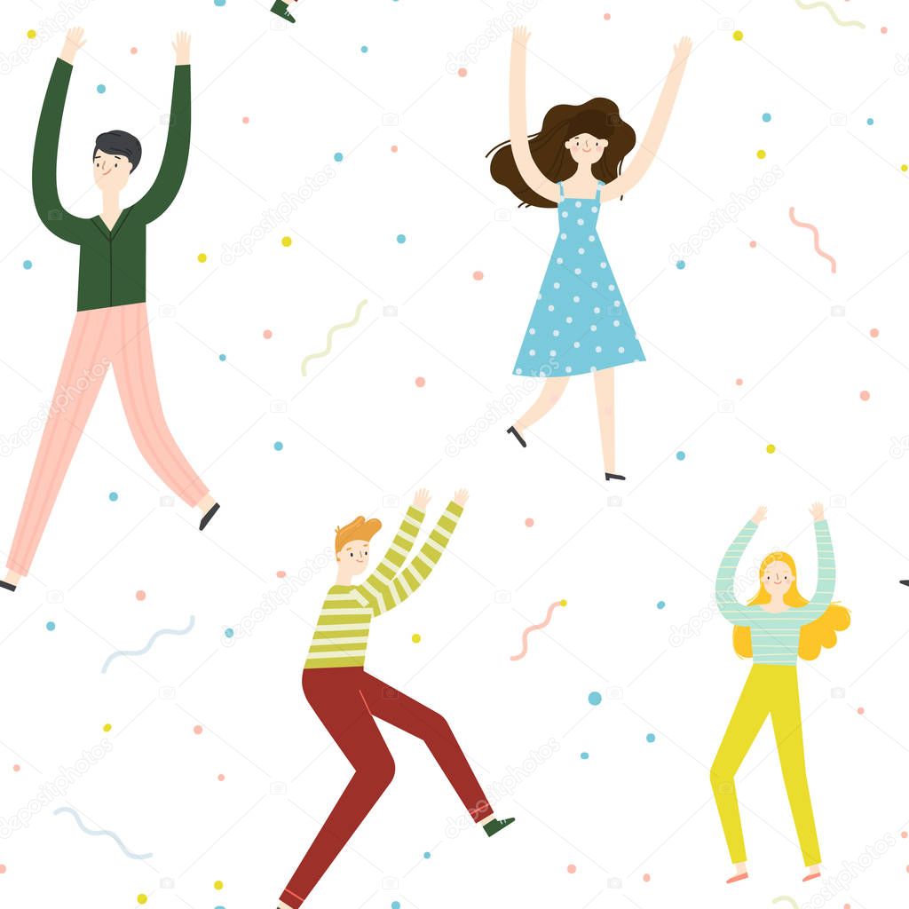 Dancing people seamless pattern on white with dots