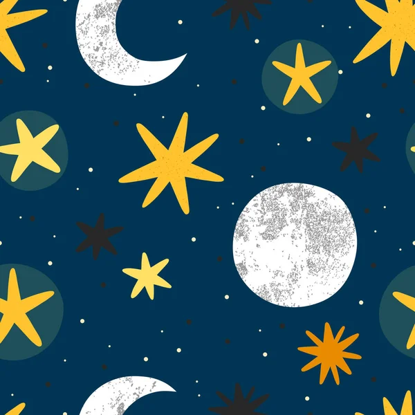 Sömlös Vektor Mönster Med Månen Och Stjärnorna Söt Natt Himlen — Stock vektor
