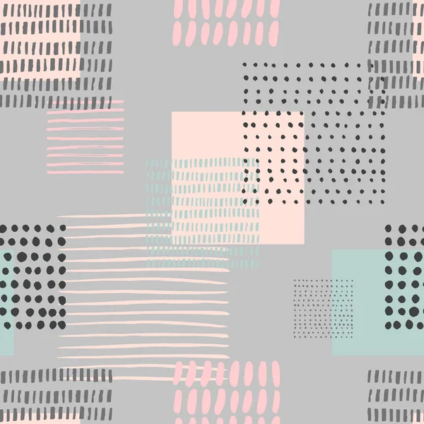 異なる正方形図形およびインク要素を抽象的なシームレス パターン モダンな幾何学的な生地繊維やパッケージのデザインに最適 — ストックベクタ