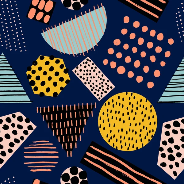 さまざまな形と質感を抽象的なシームレス パターン 楽しいジオメトリの背景 幾何学的な要素と手描きのインク多色テクスチャ — ストックベクタ