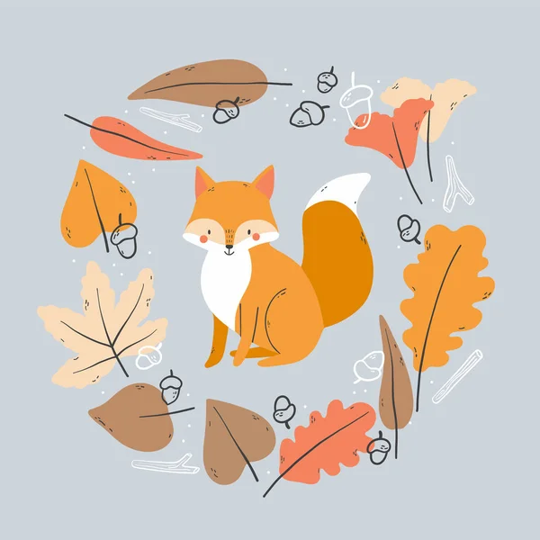 有秋天叶子的狐狸 病媒图解 — 图库矢量图片