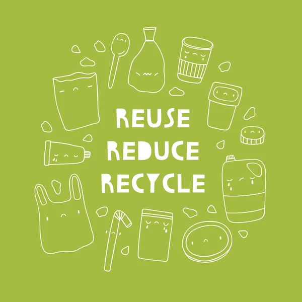 Reutilizar Reducir Reciclar Vector Lindo Ilustración Con Objetos Plásticos Dibujados — Vector de stock