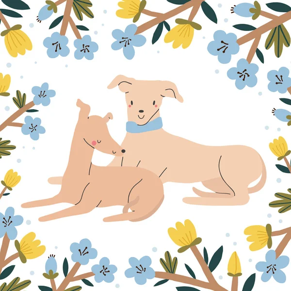 Cães Casal Ilustração Com Moldura Flor — Vetor de Stock