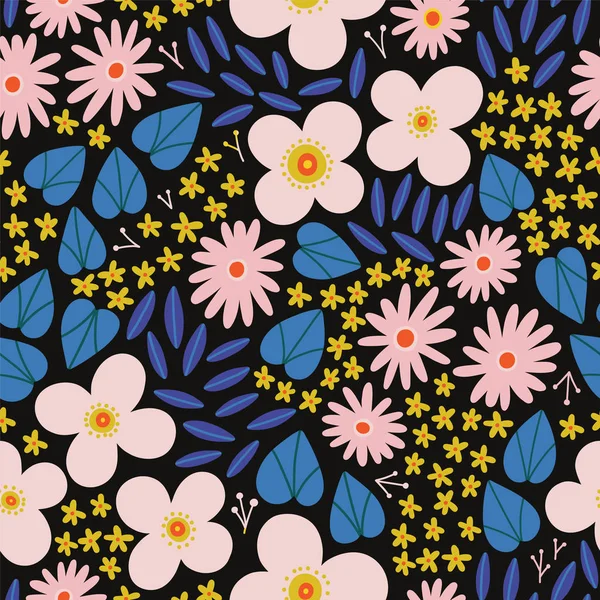 Όμορφη Floral Απρόσκοπτη Μοτίβο Πολύχρωμα Λουλούδια Μαύρο Φόντο — Διανυσματικό Αρχείο