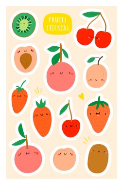 Meyveli sticker seti, vektör illüstrasyonu