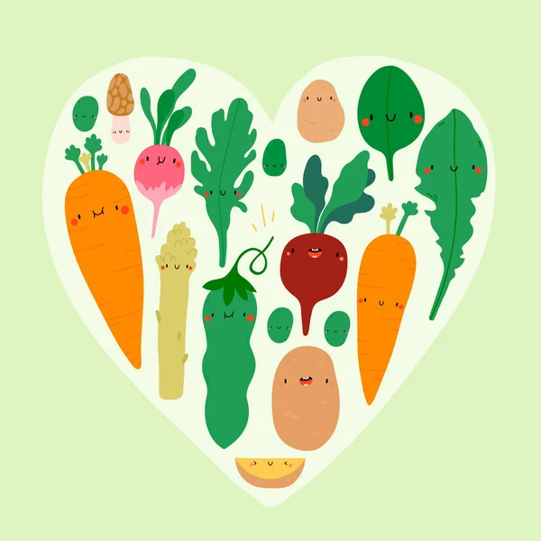 Spring Veggies Shape Heart Simply Vector Illustration — Stock Vector