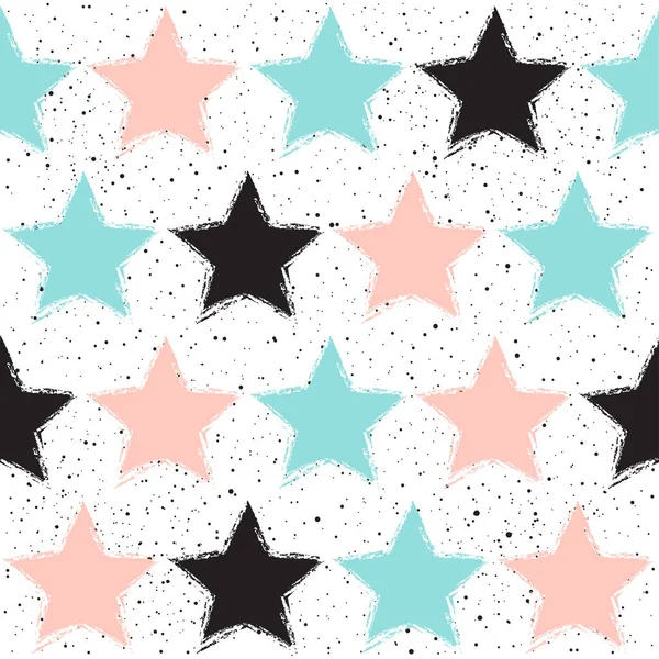 Doodle star seamless background. Black, blue and pink star.