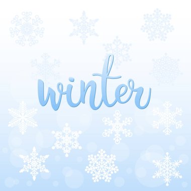 Kış. El yazısıyla yazılan yazı ve el yapımı kar taneleri.