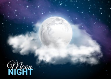 Dolunay Samanyolu arka plan karşı. Mistik gökyüzü Moonlight gece. Bulutlar ve yıldız. Gerçekçi. Üzerinde koyu mavi parlayan. Vektör çizim