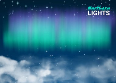 Starry Night Sky Aurora Beautiful Natural Effect for Design Projects. Deep Dark Magic Fabulous with Clouds and Realistic Colored Northern or polar lights. Vector Illustration. clipart