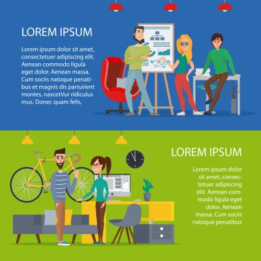İş karakter sahne. Modern iş ofiste takım çalışması. Çizgi film poster vektör çizim. Afiş iş tarzı web tasarımınız için ayarlayın. Metniniz için şablon.