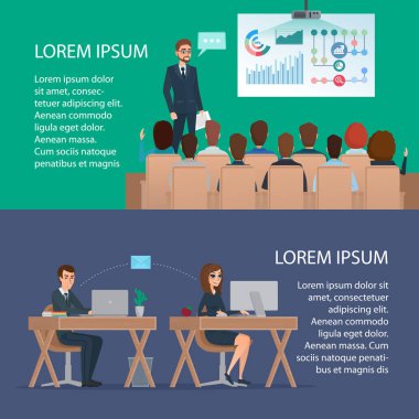 Toplantı iş adamları ve grafik. Ofis çalışanları iş yeri. Çizgi film poster vektör çizim. Web tasarım iş tarzı için afişler. Metniniz için şablon. İş karakter kümesi.