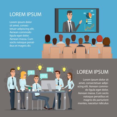 İş kavramı, eğitim, Toplantı, anlaşmanın veya ortaklığın kümesi. Çizgi film poster vektör çizim. Web tasarım iş tarzı için afişler. Metniniz için şablon. İş kümesi.