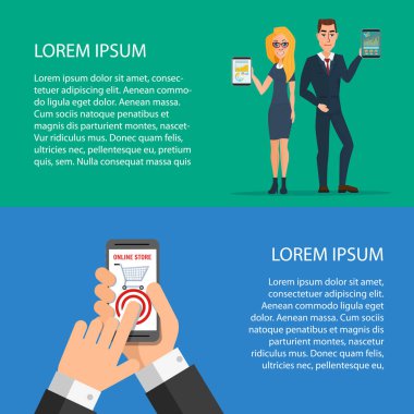 boş akıllı telefon ekranını göstermeyi iş adamı. Çizgi film poster vektör çizim. Web tasarım iş tarzı için afişler. Metniniz için şablon. İş karakter kümesi.