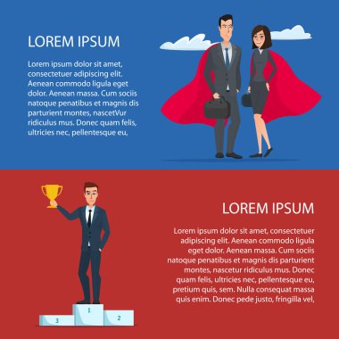 Süper iş adamı. Kazanan Kupası elinde tutan. Çizgi film poster vektör çizim. Web tasarım iş tarzı için afişler. Metniniz için şablon. İş karakter kümesi.