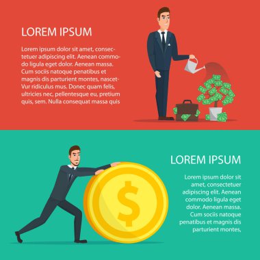 İşadamı para ağacı sulama. Gelir, yatırım artırmak. Çizgi film poster vektör çizim. Web tasarım iş tarzı için afişler. Metniniz için şablon. İş kümesi.