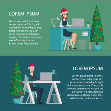 Mutlu ofis çalışan adam ve Noel'de Noel Baba şapkası giyen kadın. Çizgi film poster vektör çizim. Web tasarım iş tarzı için afişler. Metniniz için şablon. İş karakter kümesi.