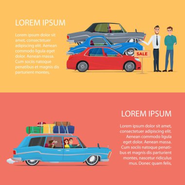 Aile için bir araba satın almak. Çizgi film poster vektör çizim. Web tasarım iş tarzı için afişler. Metniniz için şablon. İş karakter kümesi.
