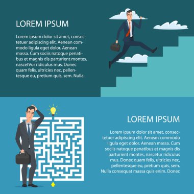 Çizgi film poster vektör çizim. Web tasarım iş tarzı için afişler. Metniniz için şablon. İş karakter kümesi.