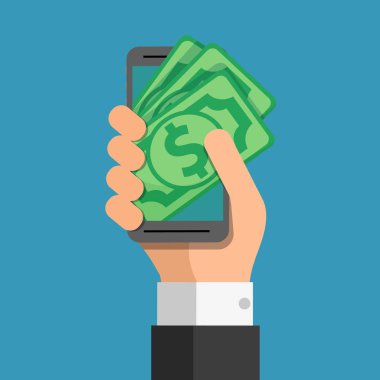 Mobil ödeme. Bir el, akıllı telefon ve banknot bileşimi. İş karikatür kavramı. Vektör yaratıcı renk çizimler düz tasarımı düz modern tarzı.