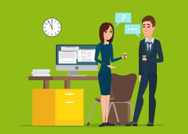Kız ve erkek işadamları Office konuşuyor. İş görüşme görev konuşma Resepsiyon bilgisayar çalışma. İş karikatür kavramı. Vektör yaratıcı renk çizimler düz tasarımı düz modern tarzı.