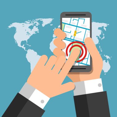 Smartphone ekran. Akıllı telefon, ekran dokunaklı parmak tutan el. Gps navigasyon, seyahat. İş karikatür kavramı. Vektör yaratıcı renk çizimler düz tasarımı düz modern tarzı.