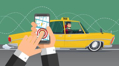Taksi hizmeti. Smartphone ve dokunmatik ekran, şehir. İş karikatür kavramı. Vektör yaratıcı renk çizimler düz tasarımı düz modern tarzı.