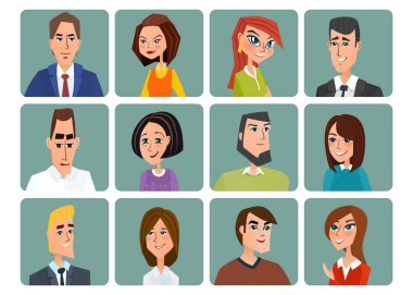 Avatar simgeler kümesi. İş karikatür kavramı. Düz tarzında beyaz arka plan üzerinde izole vektör çizim.