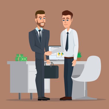 Ekip çalışması çözüm ve karşılıklı iki iş adamı. Başarılı ortaklık, iş insanlar işbirliği anlaşması kavramı. Vektör yaratıcı renk çizimler düz tasarımı düz modern tarzı.