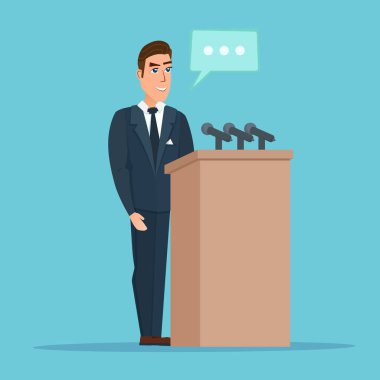 Speaker makes a report to the public. Orator stands behind a podium with microphones. Presentation performance before audience. Vector creative color illustrations flat design in flat modern style. clipart