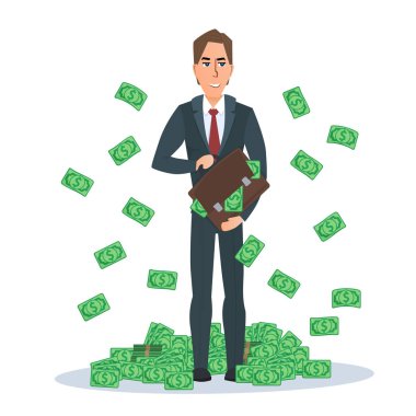 Bir tomar para duran başarılı bir iş adamı. Gökten düşen dolar. Para çantası elinde. Düz tarzında beyaz arka plan üzerinde izole vektör çizim.