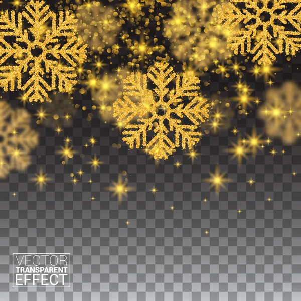 Random Falling Gold Snowflakes Shining Glitter Abstract Pattern on Transparent Background. Banner Christmas and New Year for card Invitation Postcard Paper Packaging. Vector illustration — Stock Vector