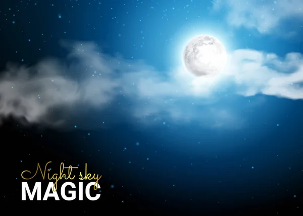 Nachthimmel mit Mond und Mondstrahlen, die durch die Wolken ziehen. mystisches Mondlicht. Realistisch. leuchtende Sterne auf dunkelblau. Vektor Illustration Hintergrund. — Stockvektor