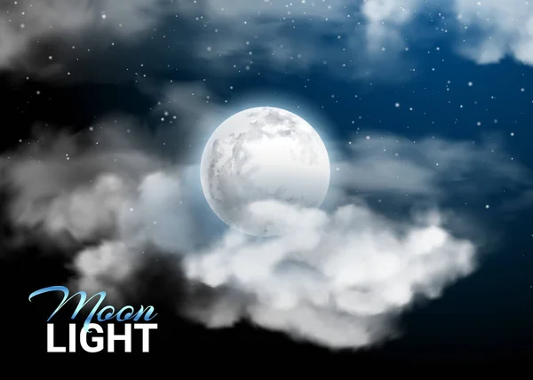 Mondschein Nacht Vollmond. mystischer Himmel realistische Wolken. und Sterne. leuchtet auf dunkelblau. Vektor Illustration Hintergrund — Stockvektor