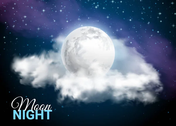 Dolunay Samanyolu arka plan karşı. Mistik gökyüzü Moonlight gece. Bulutlar ve yıldız. Gerçekçi. Üzerinde koyu mavi parlayan. Vektör çizim — Stok Vektör