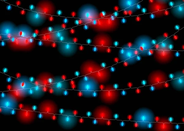 Horizontal gesetzt helle realistische Girlanden rote und blaue Farbe, festliche Dekoration. leuchtende Weihnachtslichter isoliert auf schwarzem Hintergrund. Weihnachten Urlaub Vektor Illustration — Stockvektor